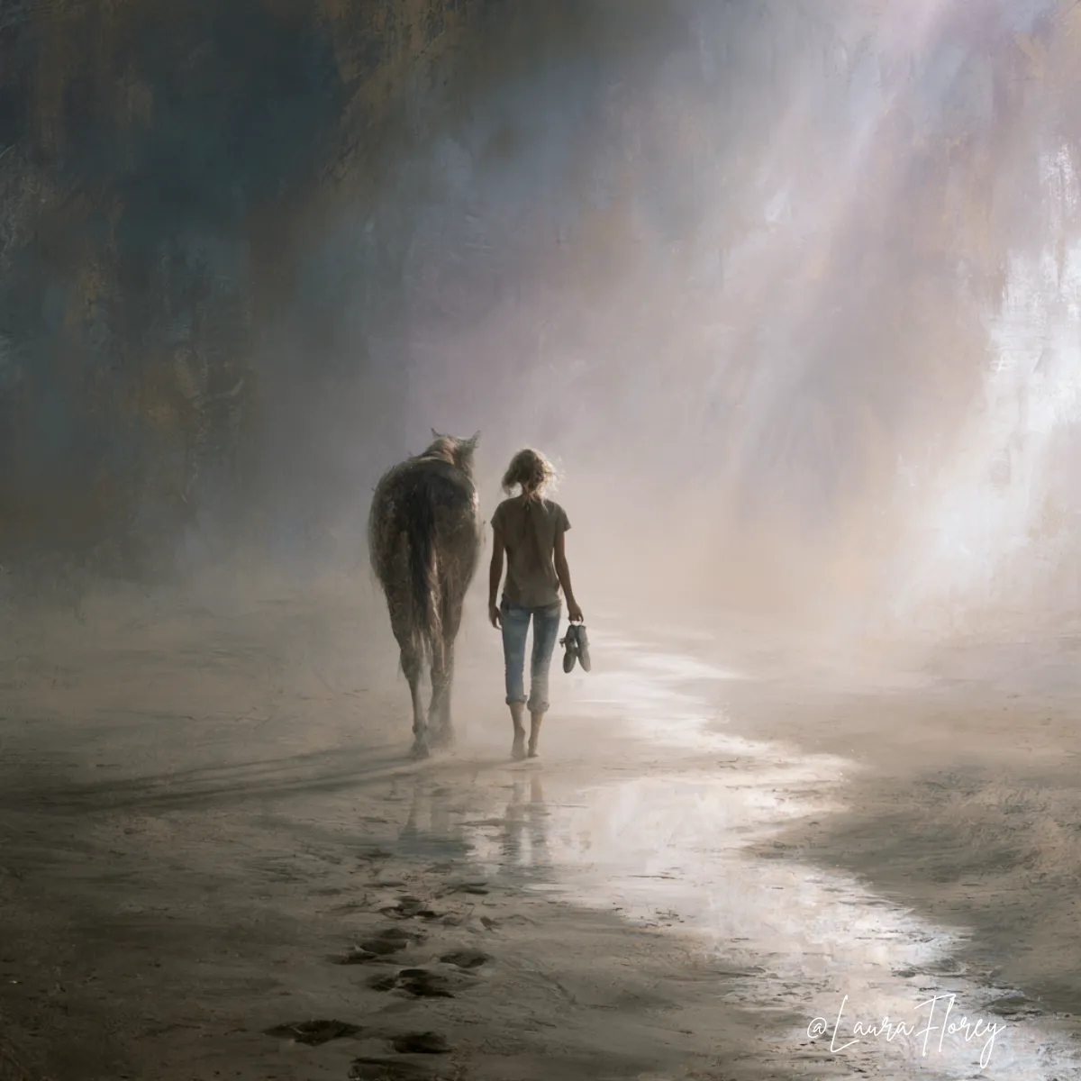 A woman walking barefoot beside a horse through a luminous misty landscape