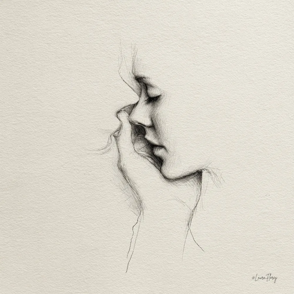 Minimal pencil-style portrait of two faces close together just before a kiss