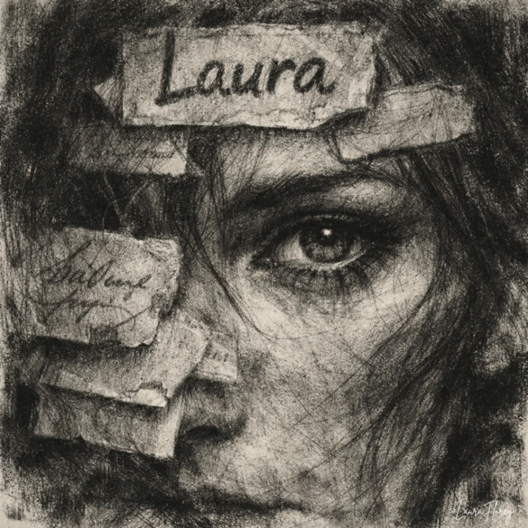 A charcoal-style portrait of a woman with handwritten name labels across her forehead and one eye