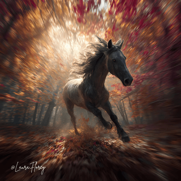 A dark horse running through a forest of fire-colored autumn leaves and fading light