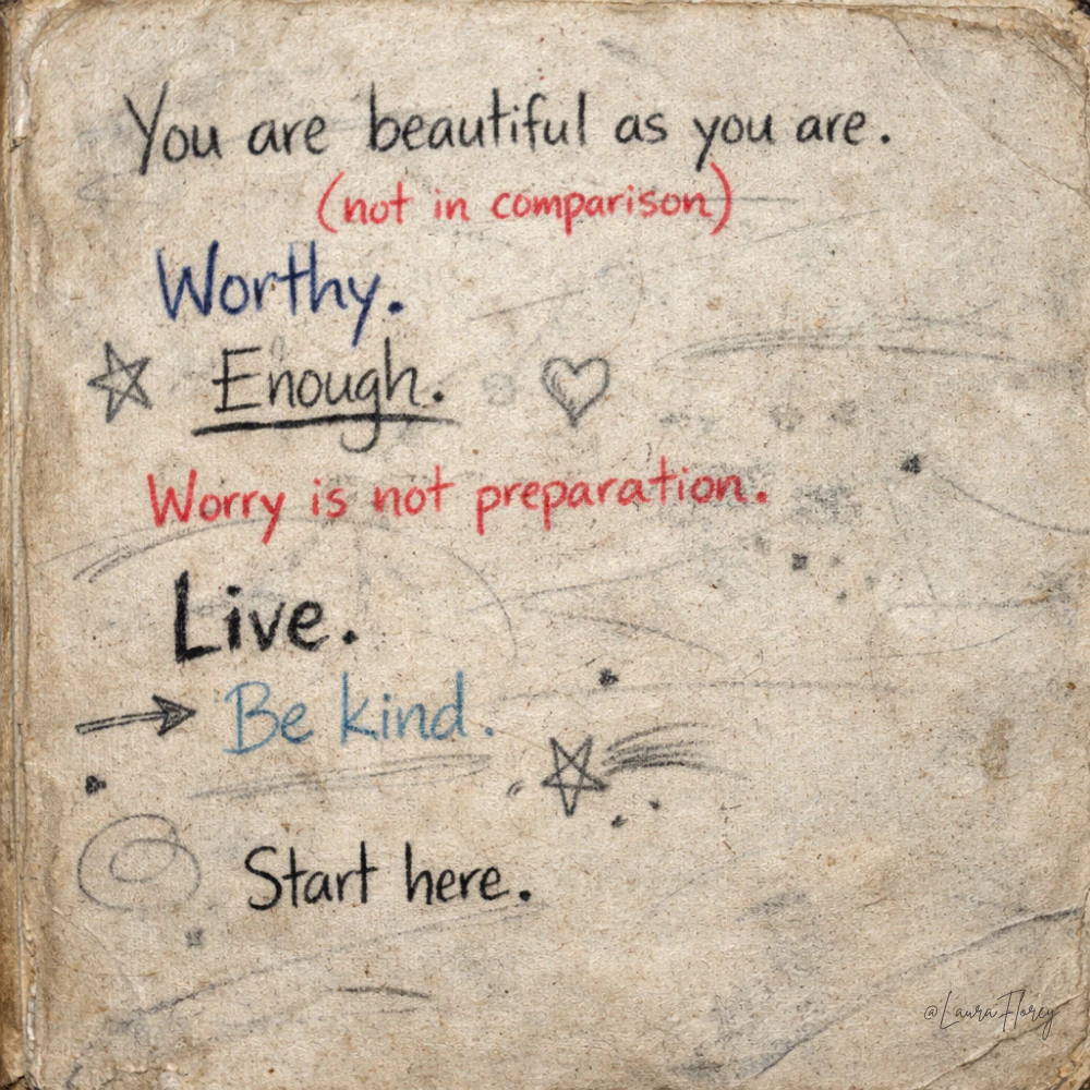 Handwritten affirmations on worn paper, including “Worthy,” “Enough,” “Be kind,” and “Start here”