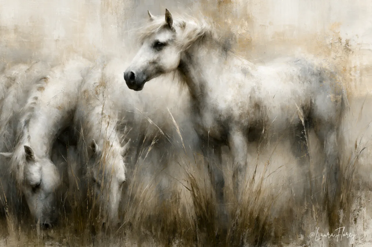 A white horse raises her head while the rest of the herd grazes in a softly painted field