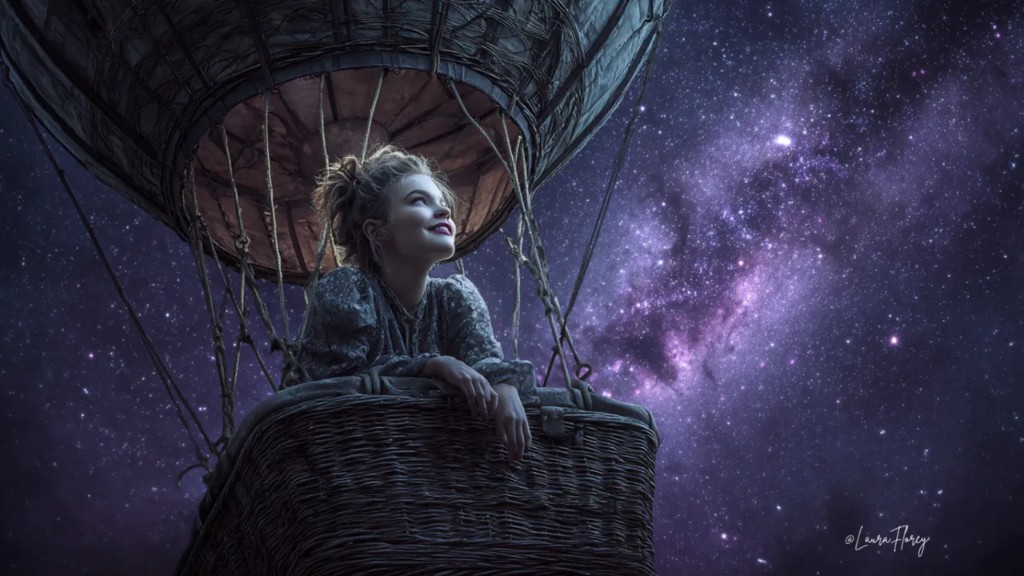 A girl in a hot air balloon gazes at a star-filled purple night sky