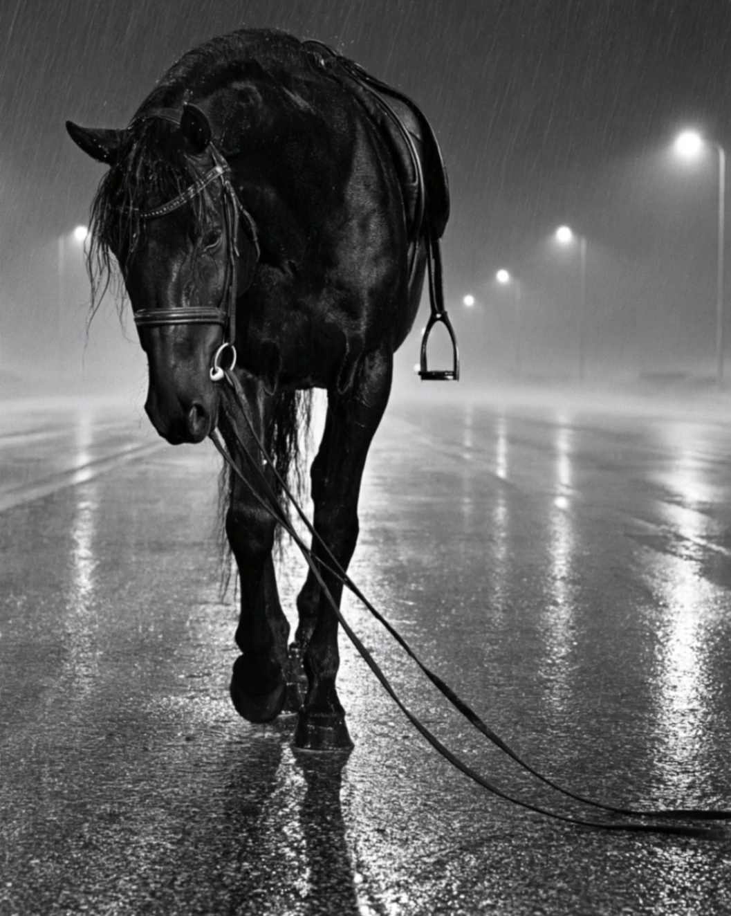 A riderless saddled black horse walking through rain beneath streetlights, its reins trailing on wet pavement