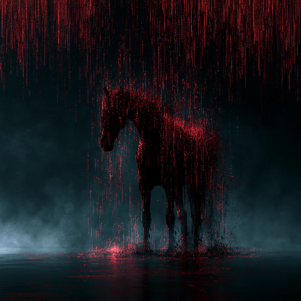 A dark mare emerging from falling streams of red code in blue-gray mist, with red reflections on the ground