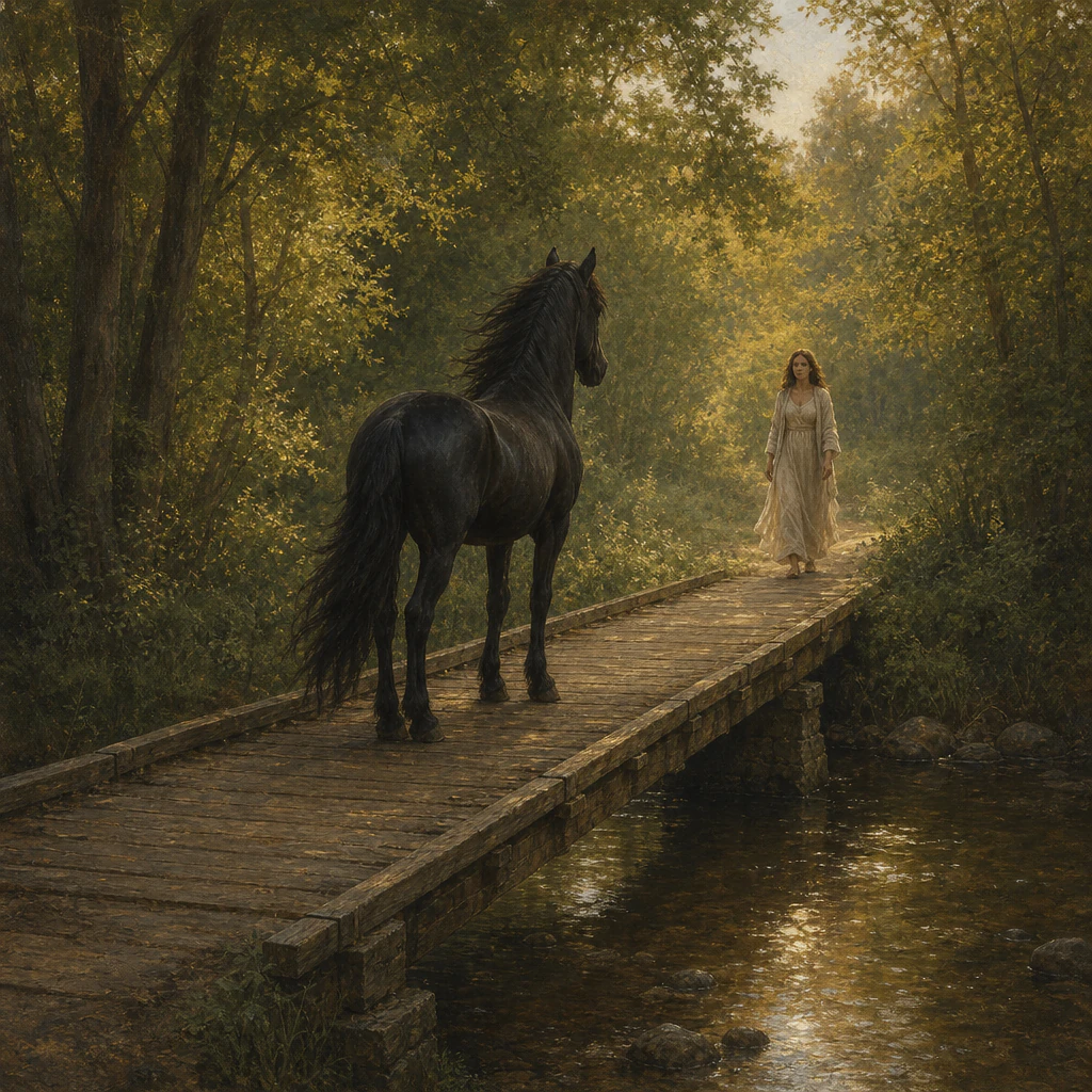 A black horse and a woman facing one another on a wooden forest bridge in golden light