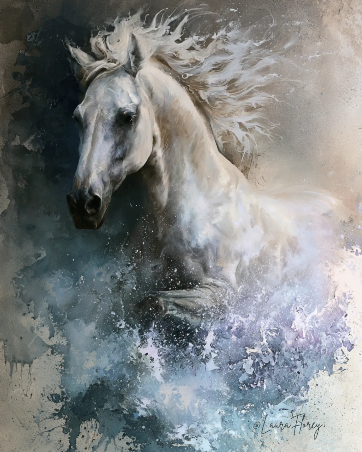A white horse emerging through a storm of blue-gray watercolor and windblown spray