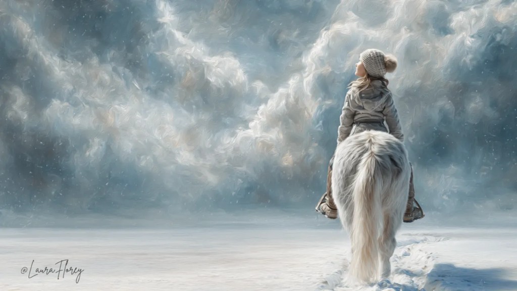 A young rider on a snow-dusted pony moving into a luminous winter sky
