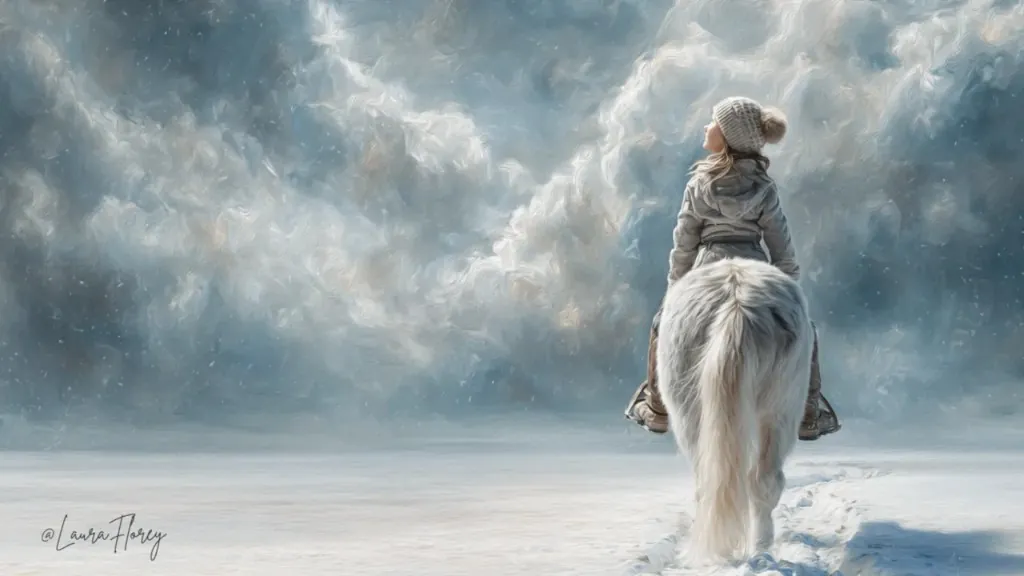 A young rider on a snow-dusted pony moving into a luminous winter sky