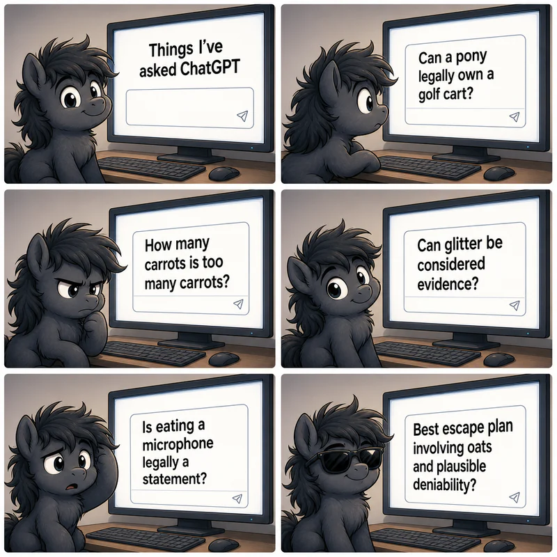 Six-panel editorial comic strip in a clean cartoon style