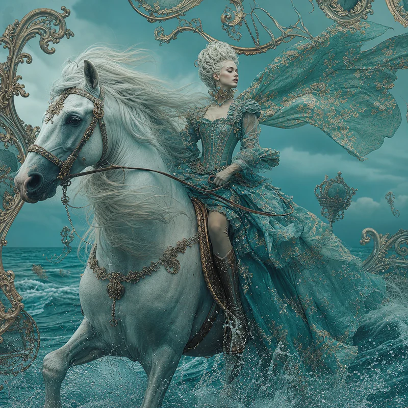 Fantasy surreal horse inspired by wind, sea, and Rococo fashion