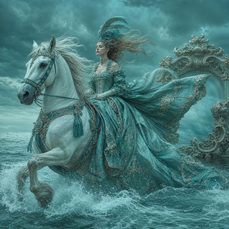 Surreal woman in an ornate sea-blue dress riding a white horse through foaming ocean waves