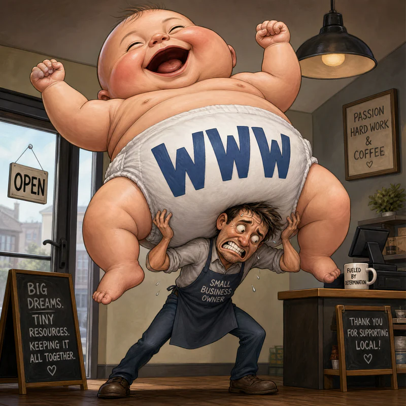Caricature of a small business owner straining under a large burden