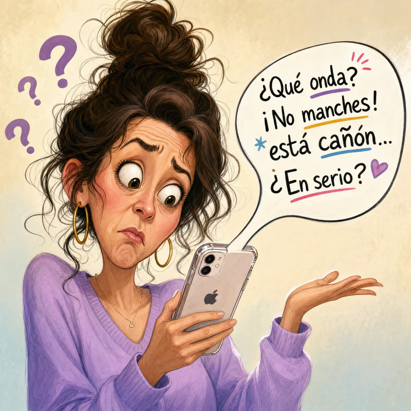 Whimsical caricature of a confused woman holding an iPhone