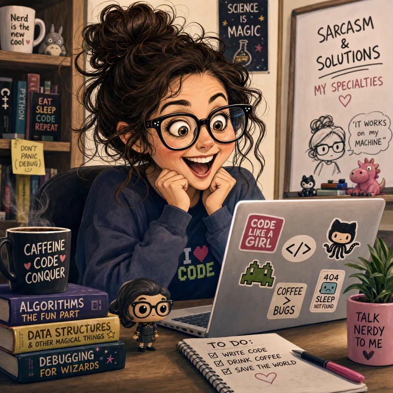 Whimsical caricature of a nerdy woman with glasses sitting at a desk