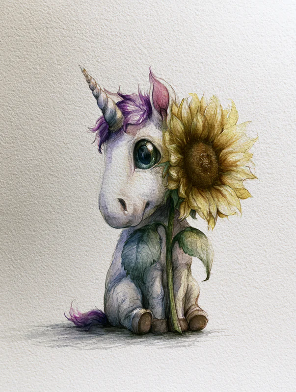 Tiny unicorn hiding behind a sunflower