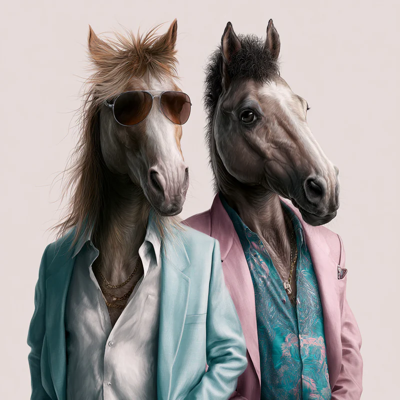 Realistic caricature of two horses imagined as historical characters
