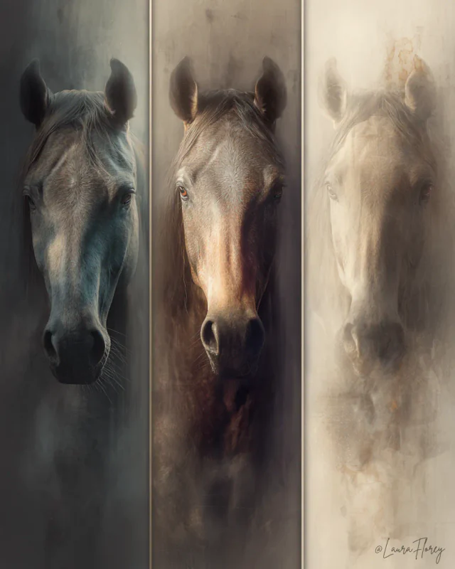 Triptych study of three pale horse portraits emerging from mist