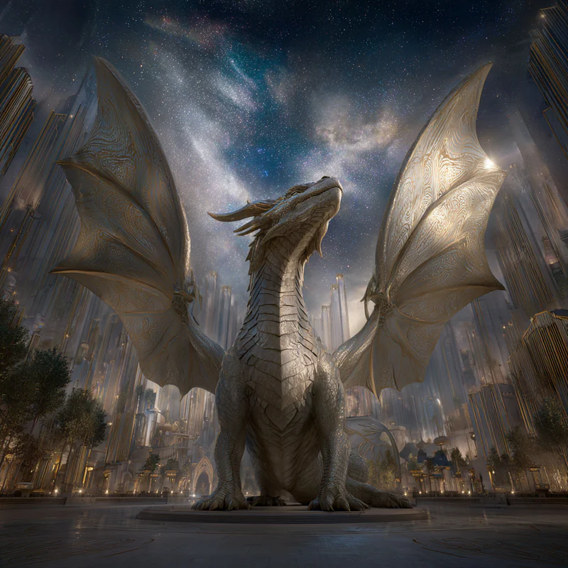A colossal pale stone dragon with engraved golden wings towers over a marble city beneath a star-filled night sky