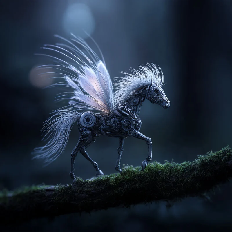 A miniature mechanical horse with glowing lilac wings and a silver mane steps along a moss-covered branch in a dark blue forest