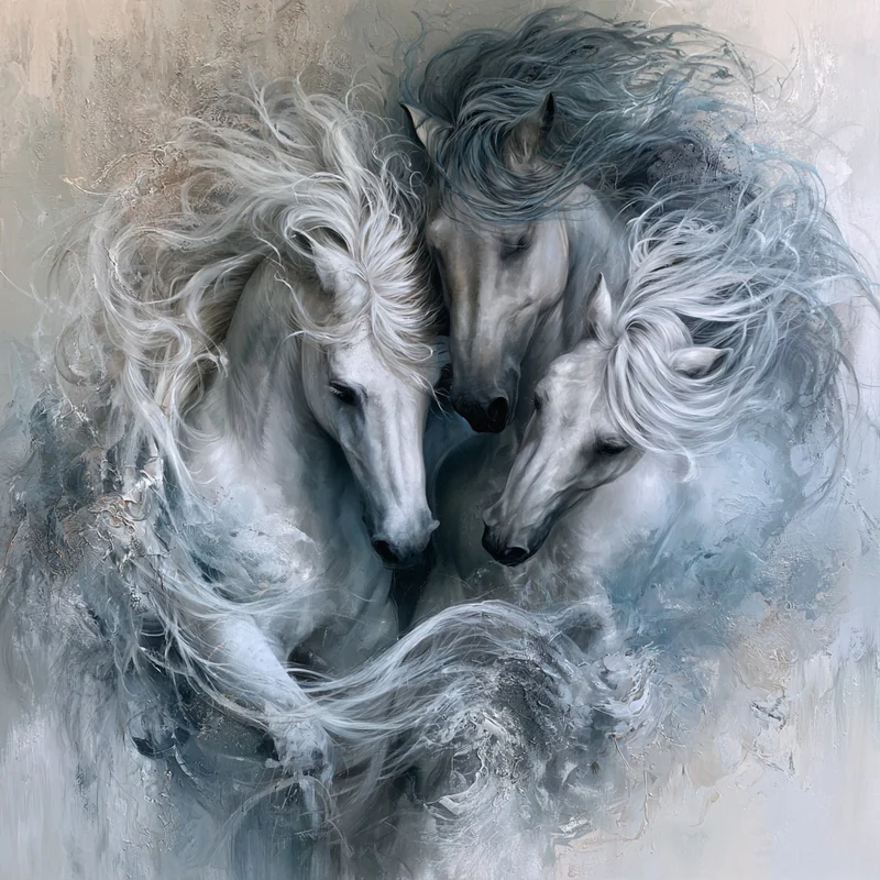 Three pale horses bow their heads together as flowing silver manes swirl through a textured blue-gray and cream background