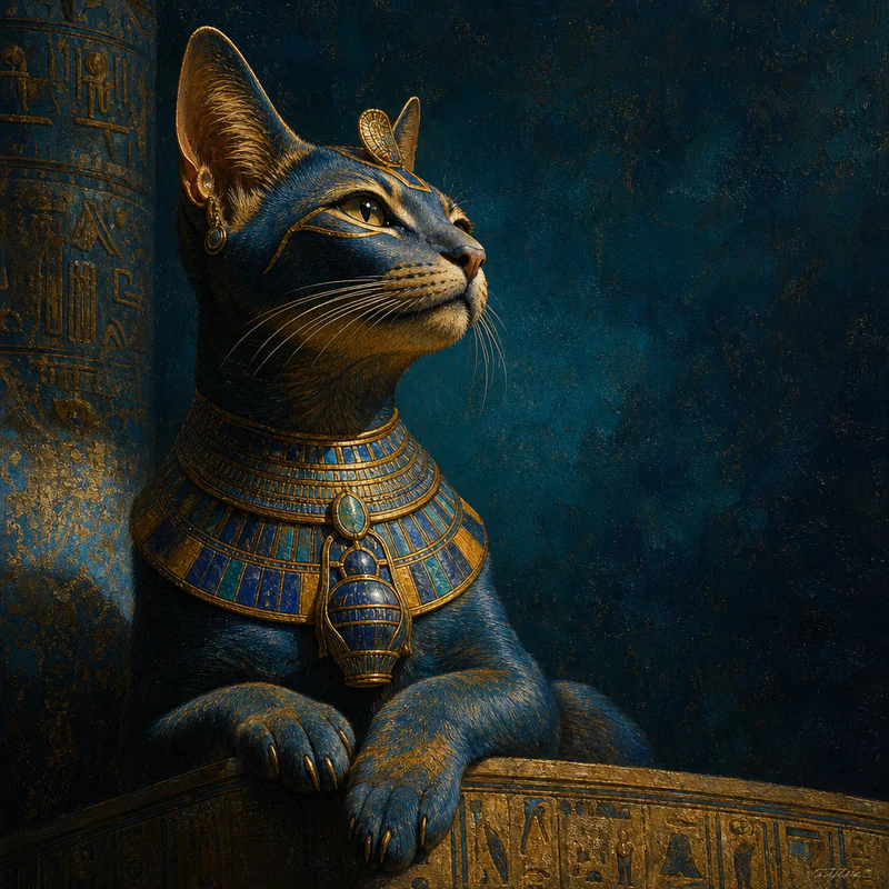 A regal blue and gold Egyptian cat statue wearing an ornate collar beside a column carved with hieroglyphs