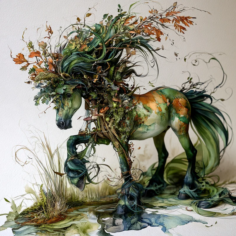 A green and chestnut horse with a mane of twisting vines, branches, and autumn leaves lifts a hoof against a pale watercolor background