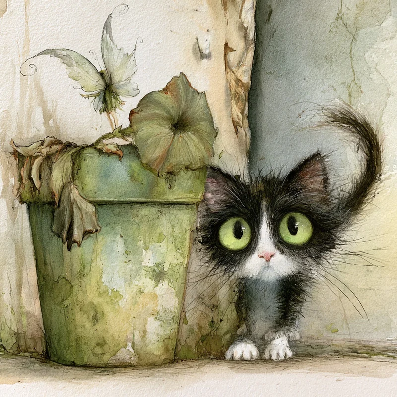 A wide-eyed black and white kitten peeks beside a weathered green flowerpot while a tiny winged fairy hovers above the leaves