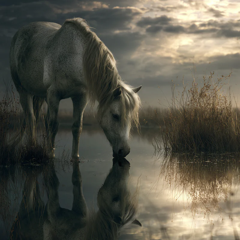 Dark horse lowering its head beside a reflective pond under a dramatic evening sky