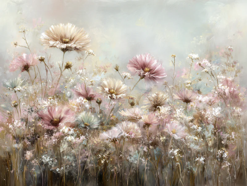 Field of pale pink and white wildflowers glowing in soft hazy light