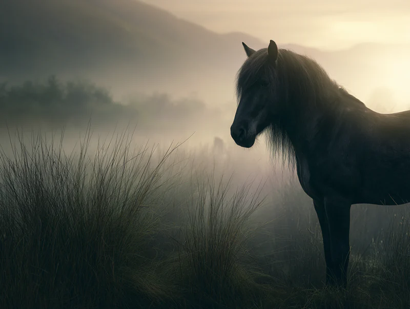 Dark mare standing in misty grass as pale dawn light breaks over the landscape
