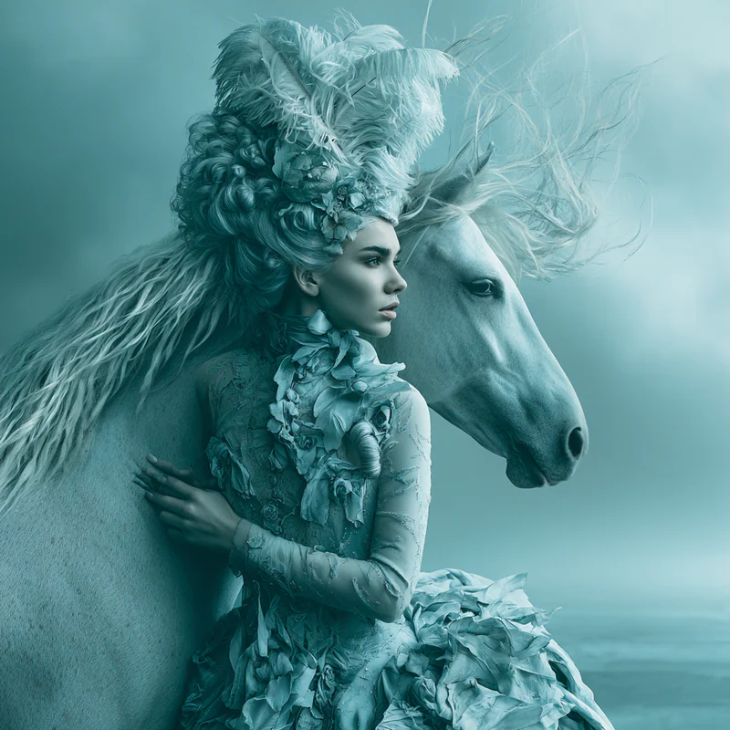 Surreal woman in an elaborate feathered gown standing beside a white horse in sea-blue tones