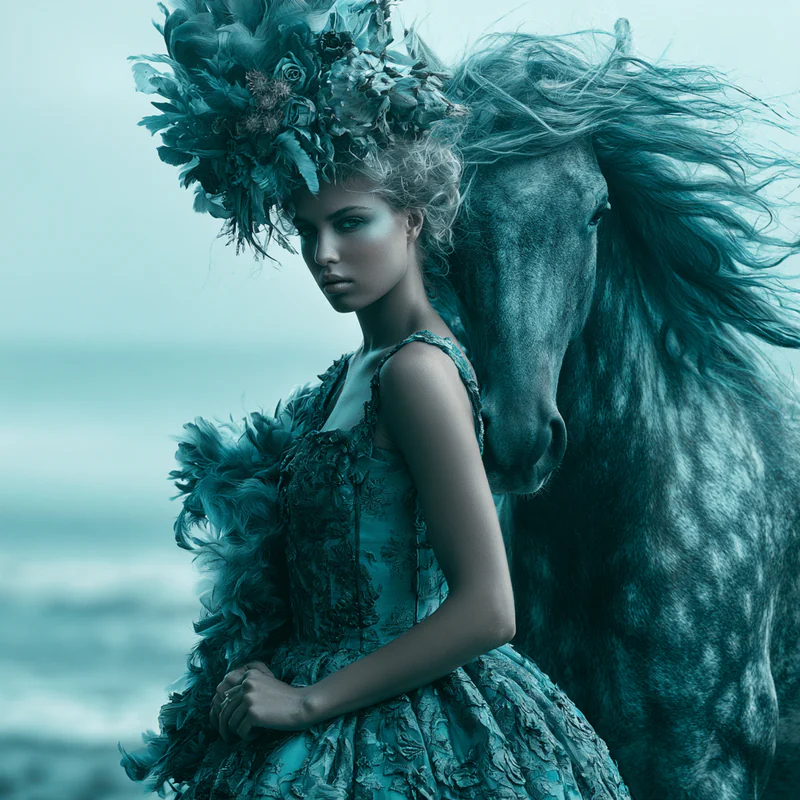 Surreal woman and dark horse facing the sea wind in blue-green tones