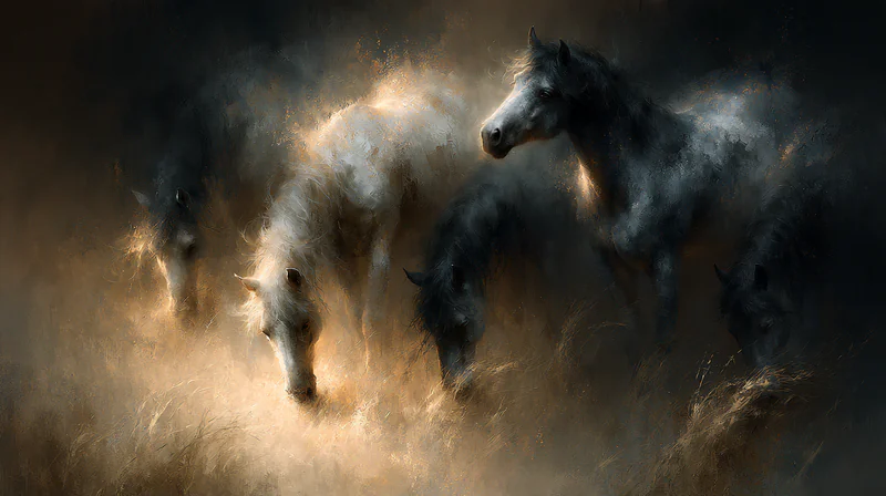 Aerial view of a herd of dark horses moving together through luminous mist