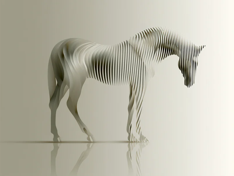 Minimal white horse formed from rhythmic black vertical lines against a pale background