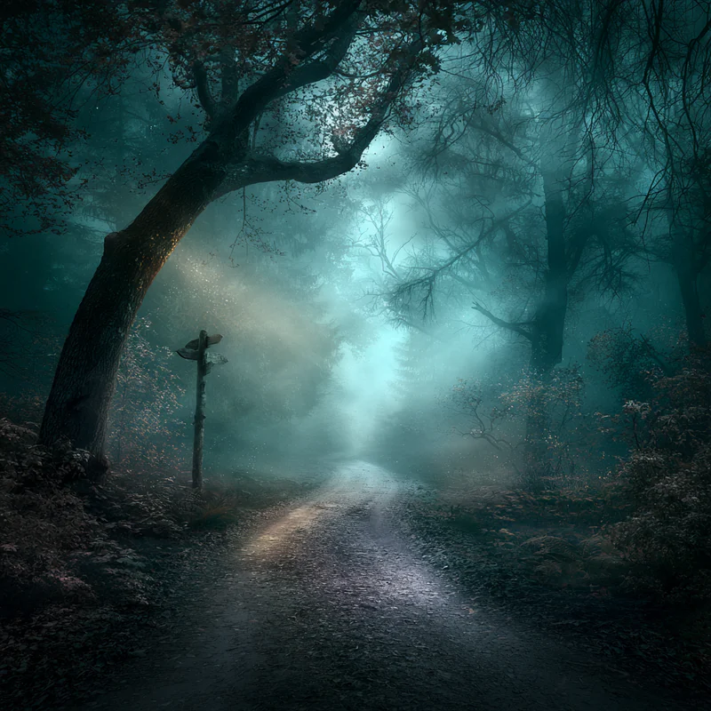 Forked woodland path disappearing beneath blue-green mist and arching trees