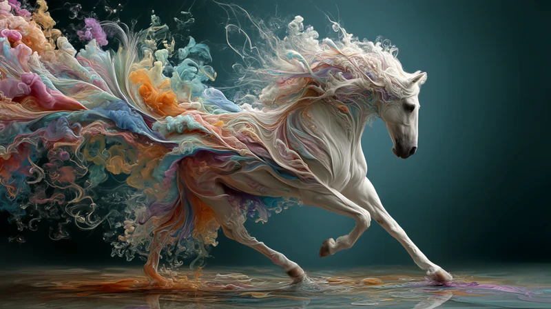 White horse galloping forward as flowers and painterly ribbons stream behind it