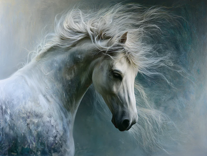 White mare with a windblown mane emerging through blue-gray mist