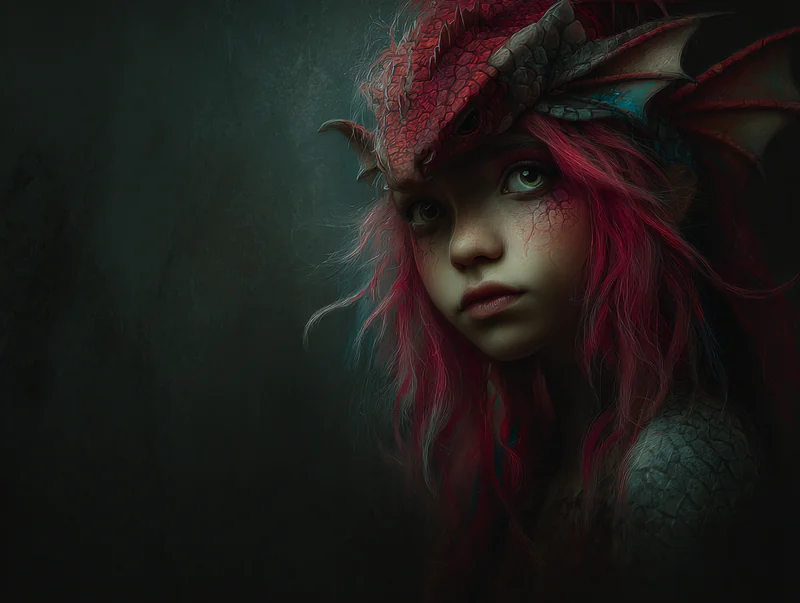 Red-haired dragon girl with small horns emerging from a dark painterly background