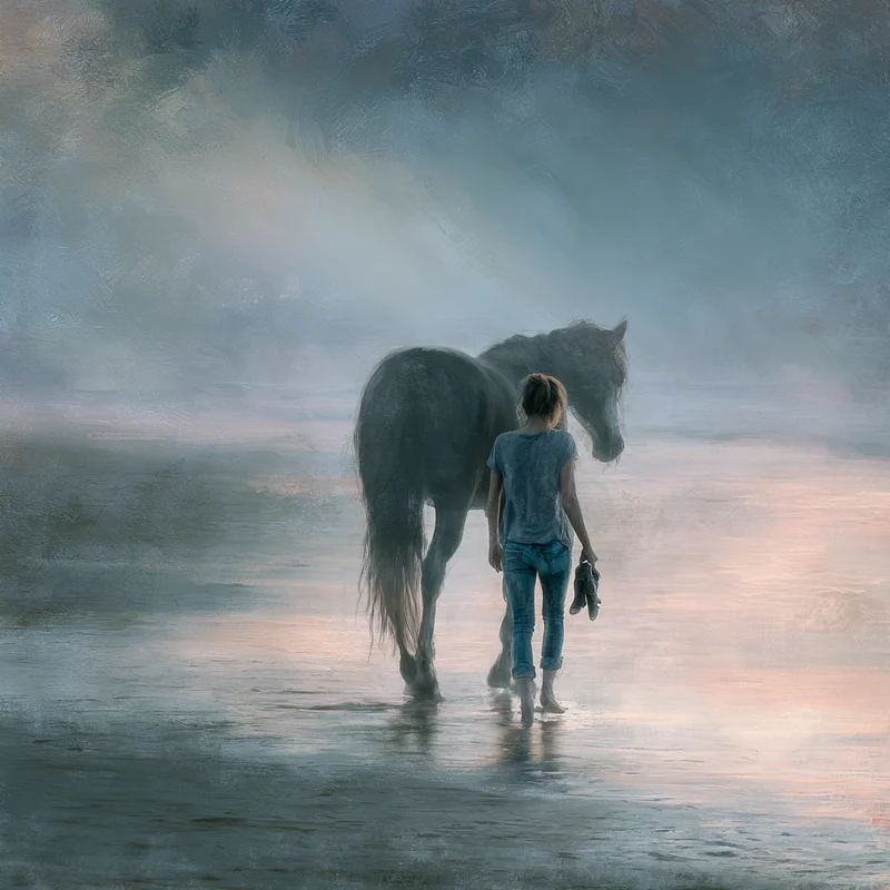 Woman and dark horse walking away together through shallow water beneath a pale sky