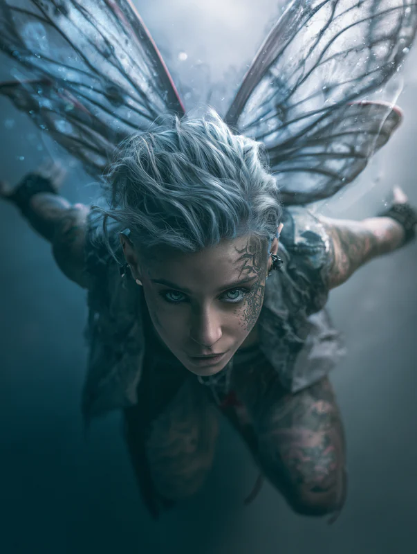 Blue-green winged fairy moving forward through a luminous underwater world