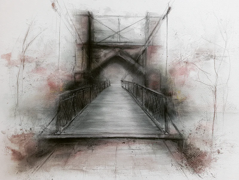 Pencil and watercolor bridge receding through soft gray and blush washes