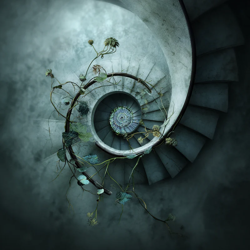 Spiral staircase curling around a tiny dreamlike garden in cool blue-green tones