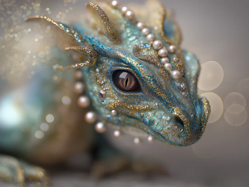 Tiny jeweled blue-green dragon with pearls and delicate gold details