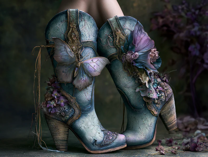 Pair of teal cowgirl boots embellished with purple butterflies, flowers, and trailing ribbons