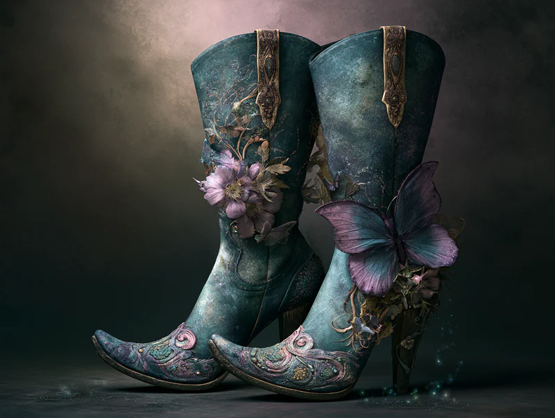 Pair of ornate teal cowgirl boots decorated with purple flowers and butterflies