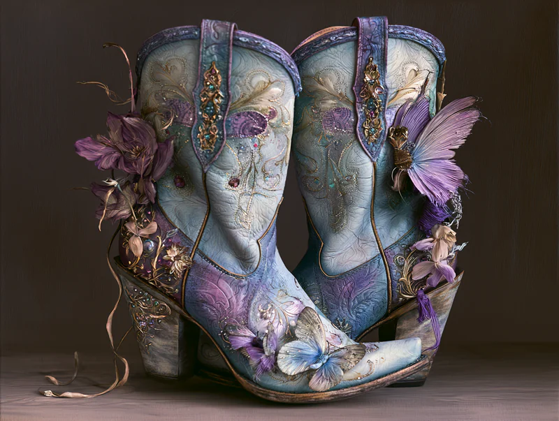 Ornate teal and lavender cowgirl boots surrounded by butterflies