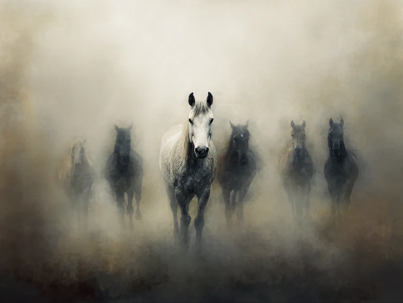 White horse leading a shadowy herd forward through dense golden-gray mist