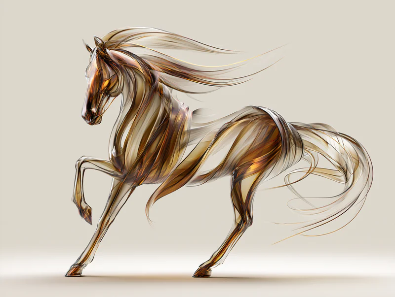 Galloping horse constructed from flowing amber ribbons against a pale background