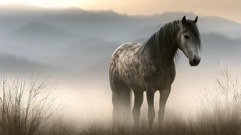 Dapple-gray horse standing quietly in misty grass beneath a pale dawn sky